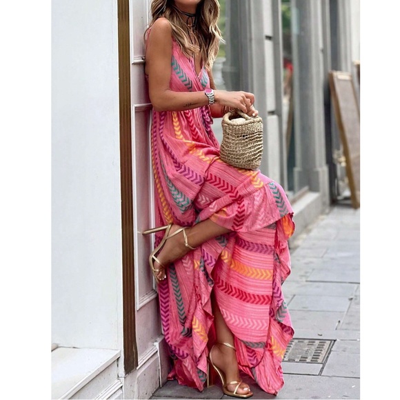 Boho Pink Chevron Print Cami Maxi Dress - Picture 3 of 6